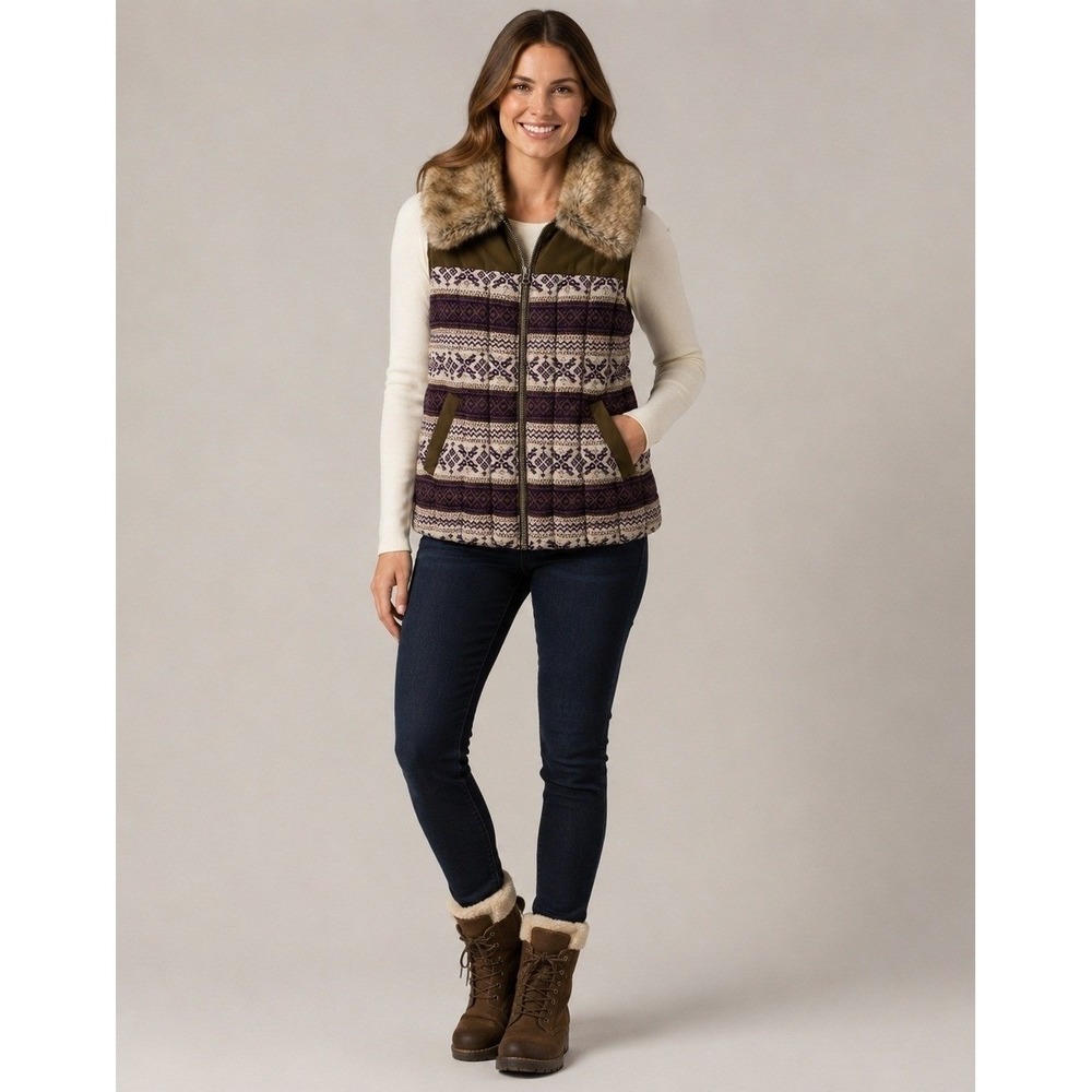 Topshop Quilted‎ Vest Womens 2 Green Purple Fair Isle Print Faux Fur Full Zip